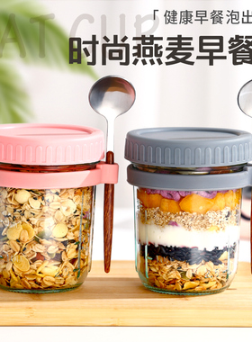 隔夜燕麦杯早餐杯带盖带勺便携水果酸奶沙拉豆浆刻度密封玻璃杯子