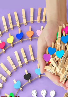 照片夹木夹子相片夹挂墙木头夹子幼儿园照片墙装饰彩色明信片夹麻绳木质原木小木夹可爱作品展示挂绳木制夹