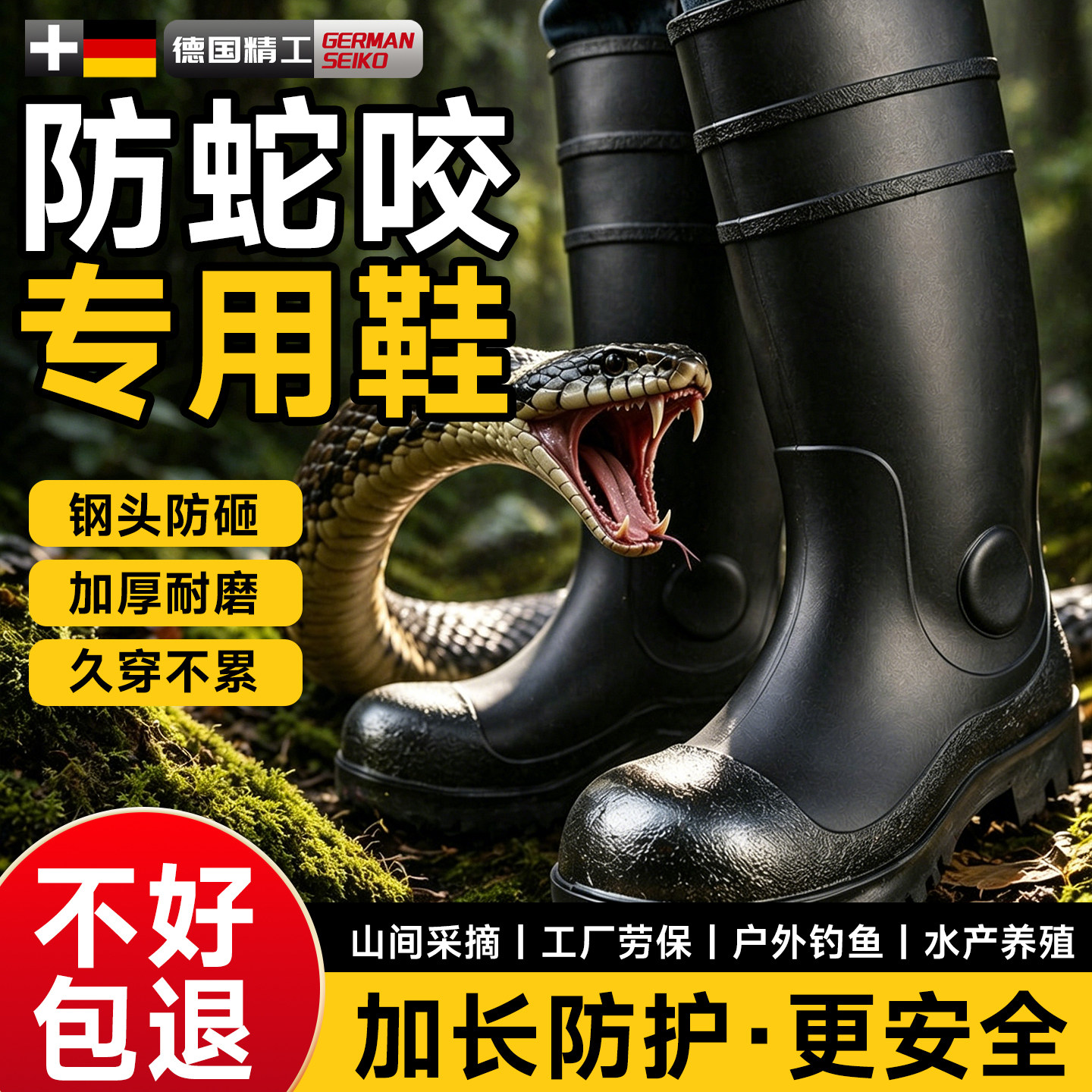 防蛇咬专用鞋野外加厚雨鞋水鞋护腿防水雨靴男户外防穿刺钓鱼防滑