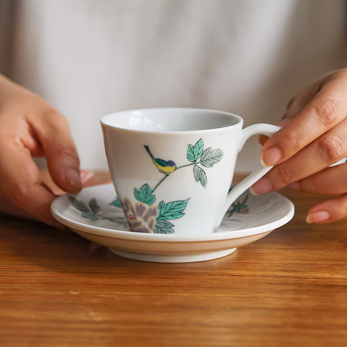 日本进口 九谷烧花卉小鸟咖啡杯碟 日式陶瓷下午茶咖啡杯带碟套装