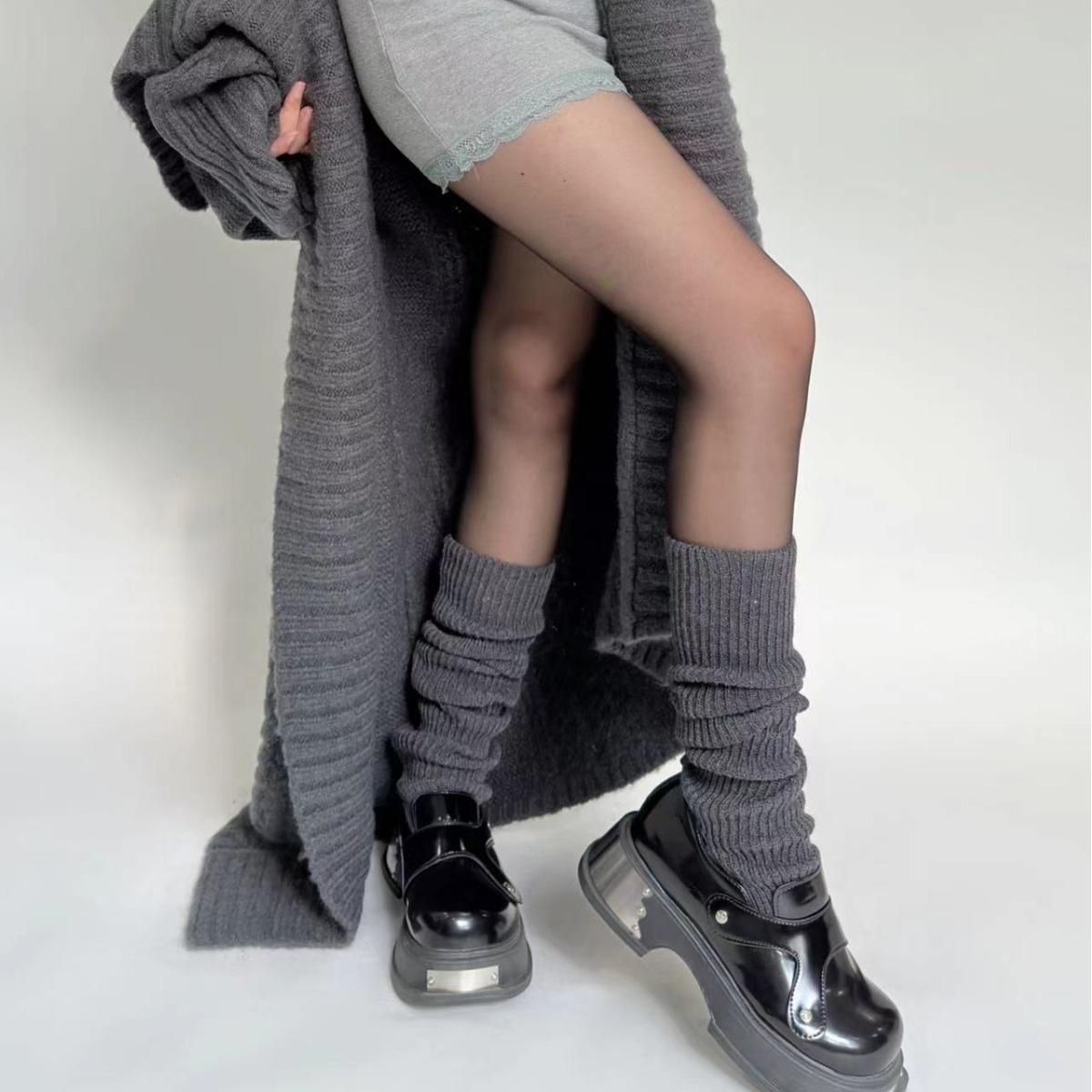秋冬55cm基础款加长版经典黑灰踩脚毛线堆堆袜护腿保暖袜套腿套女