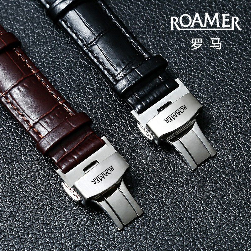 瑞士罗马手表带真皮适用原装款ROAMER 1888机械蝴蝶扣表链18 20mm