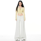 RTRX美式 女白色通勤百搭显瘦宽松长裤 复古铆钉装 饰低腰喇叭牛仔裤