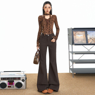 RTRX美式复古微喇叭牛仔长裤女咖啡色辣妹百搭修身显瘦垂感拖地裤