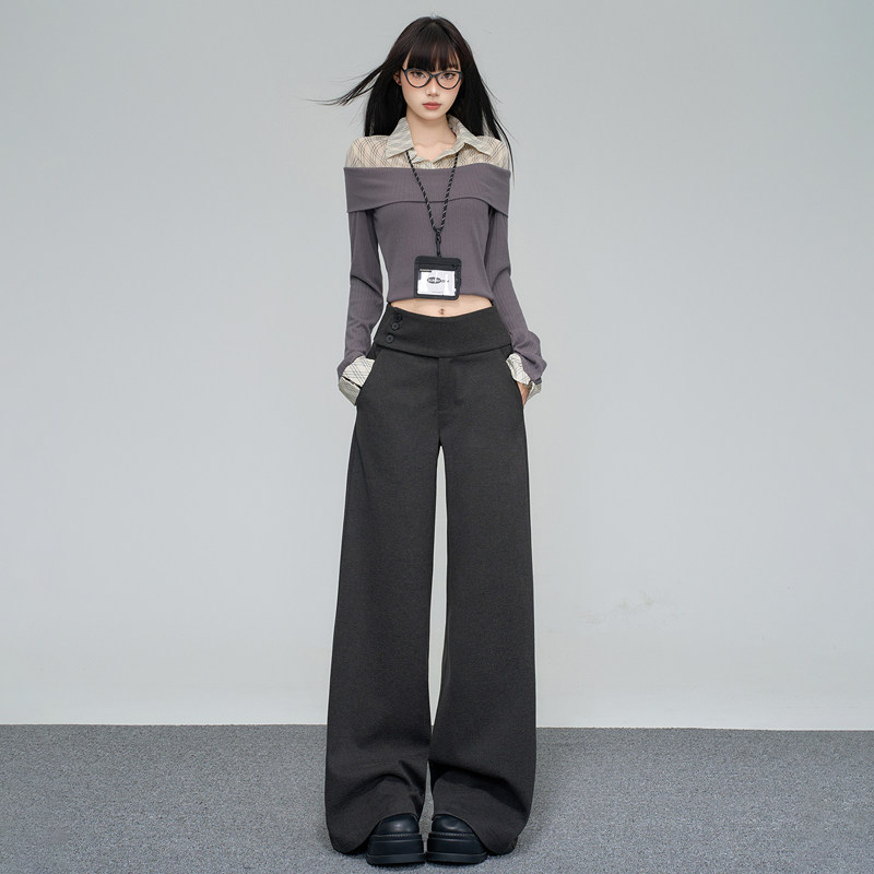 RTRX毛呢休闲裤女百搭设计感慵懒风深灰色低腰纽扣宽松拖地阔腿裤,女装/女士精品,休闲裤,淘宝优惠券,粉丝福利购,淘宝优惠卷
