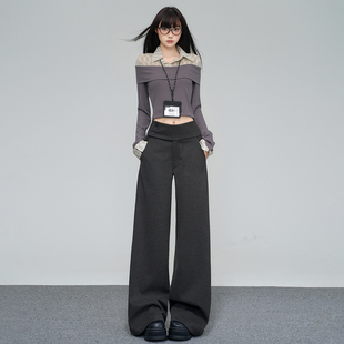 RTRX毛呢休闲裤女百搭设计感慵懒风深灰色低腰纽扣宽松拖地阔腿裤