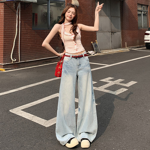 RTRX重工浅蓝水洗猫须直筒裤女设计感百搭宽松显瘦垂感牛仔长裤子