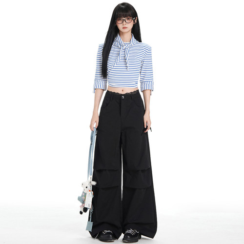 RTRX韩系简约低腰蕾丝边设计宽松慵懒风休闲工装裤女通勤百搭长裤