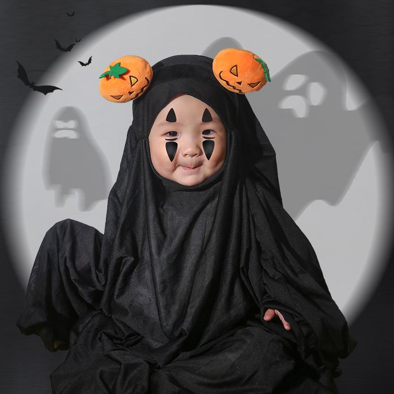 圣节儿童服装男童女孩cos可爱装扮黑色无脸男披风斗篷南瓜头箍