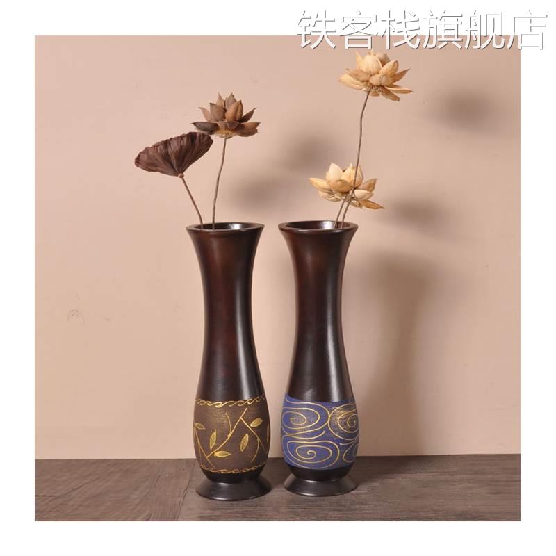 泰国芒果木花瓶木雕刻插花木质客厅卧室居装饰风格瓶柱家形实花瓶