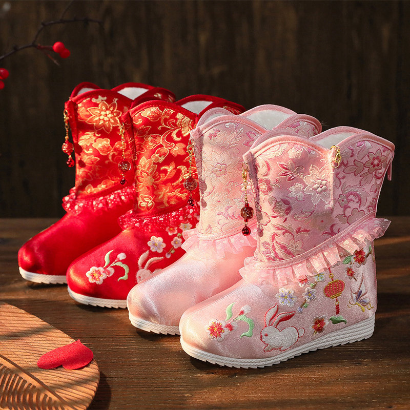中国风汉服鞋女童冬喜庆新年拜年鞋儿童绣花鞋唐装古装加绒棉靴子