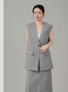 牧羊赋简约经典通勤上衣气质亚麻softpower软实力风单扣马甲外套