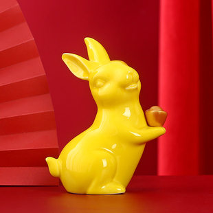 黄色陶瓷生肖兔子摆件瓷器可爱招财风水客厅家居装饰工艺品小白兔