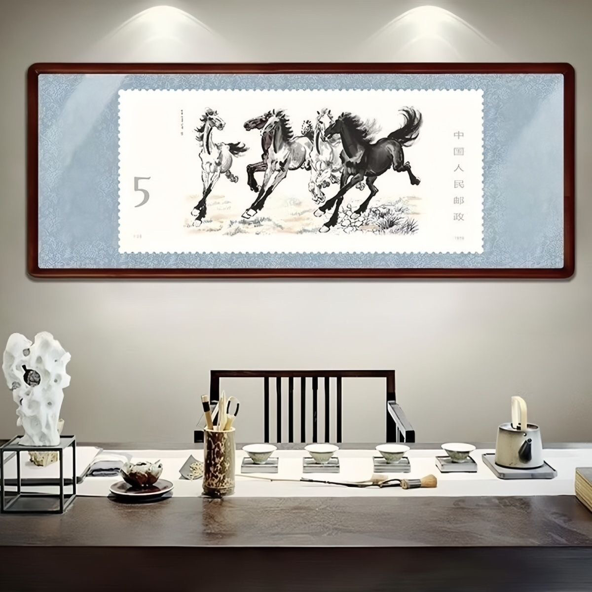 官方正品中国集邮奔马邮票徐悲鸿八骏图中式装饰画客厅国画挂画