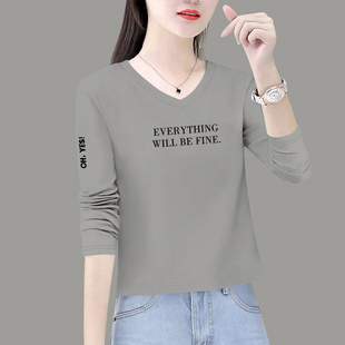 宽松显瘦正肩长袖 秋女V领内搭打底衫 T恤浅灰色小个子上衣0815z