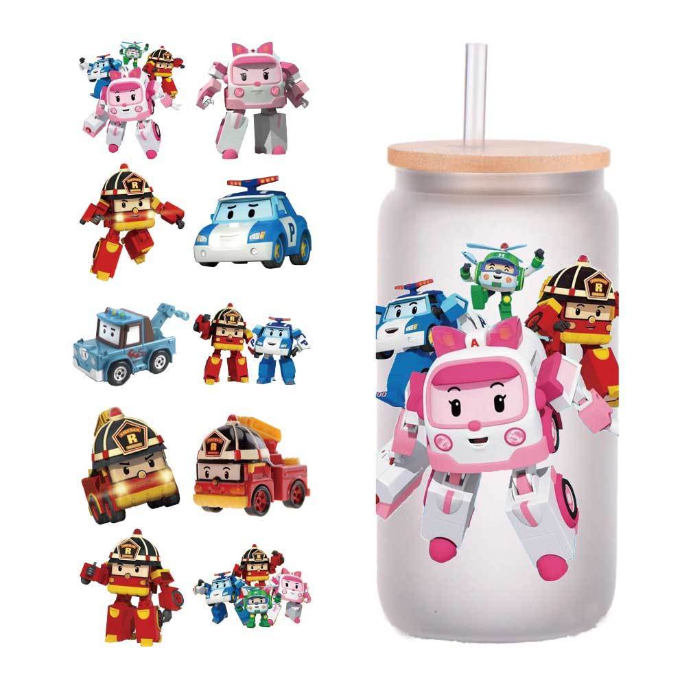 10张四英寸卡通动画珀利警车3d立体UV转印贴水晶标签DIY杯贴定制