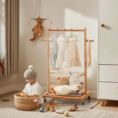 儿童衣架落地专用卧室可移动挂衣架家用置物榉木衣帽架室内简易杆