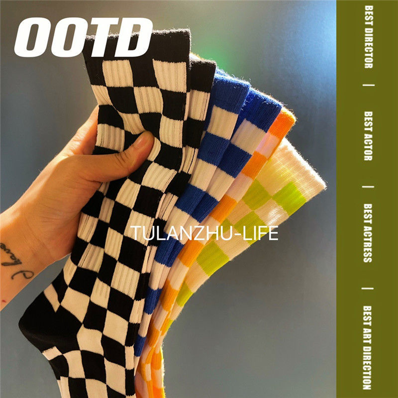 袜子女中筒袜棉潮不起球ins秋冬季外穿短棉质纯棉棋盘格薄款长袜