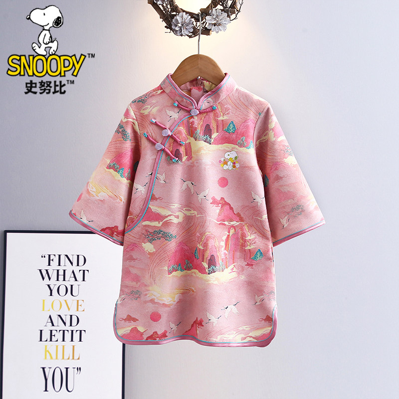 史努比女童连衣裙春秋江山如画旗袍裙女宝宝古风系新款长袖裙子