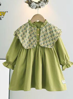 史努比女童连衣裙绿色小清新森系淑女小童春秋装2025网红爆款新款