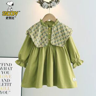 史努比女童连衣裙绿色小清新森系淑女小童春秋装2025网红爆款新款