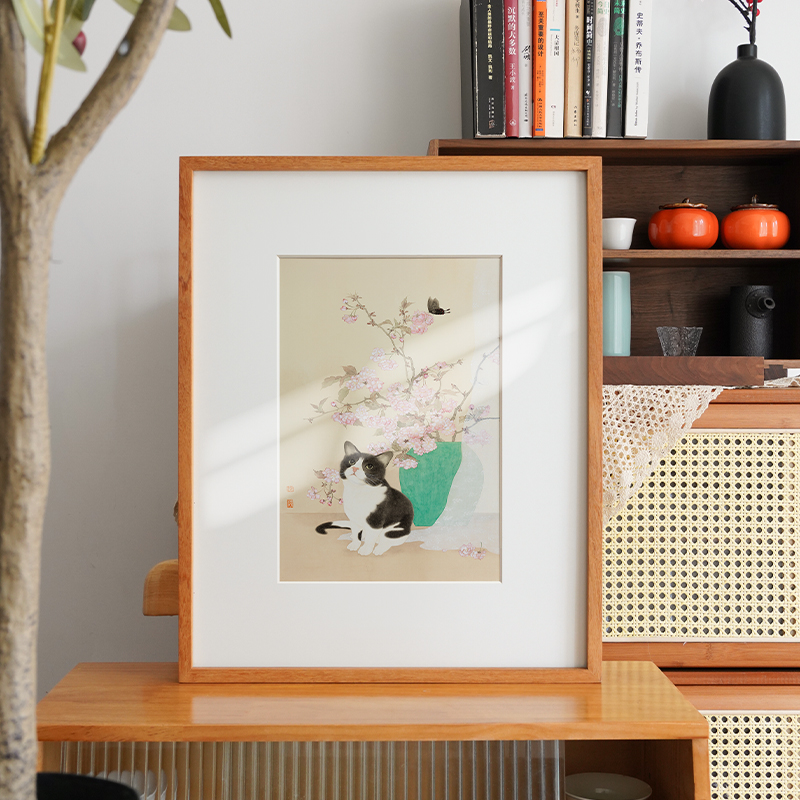 涂颜利x婳暖 猫咪赏花装饰画客厅餐厅卧室新中式实木装饰挂画图片