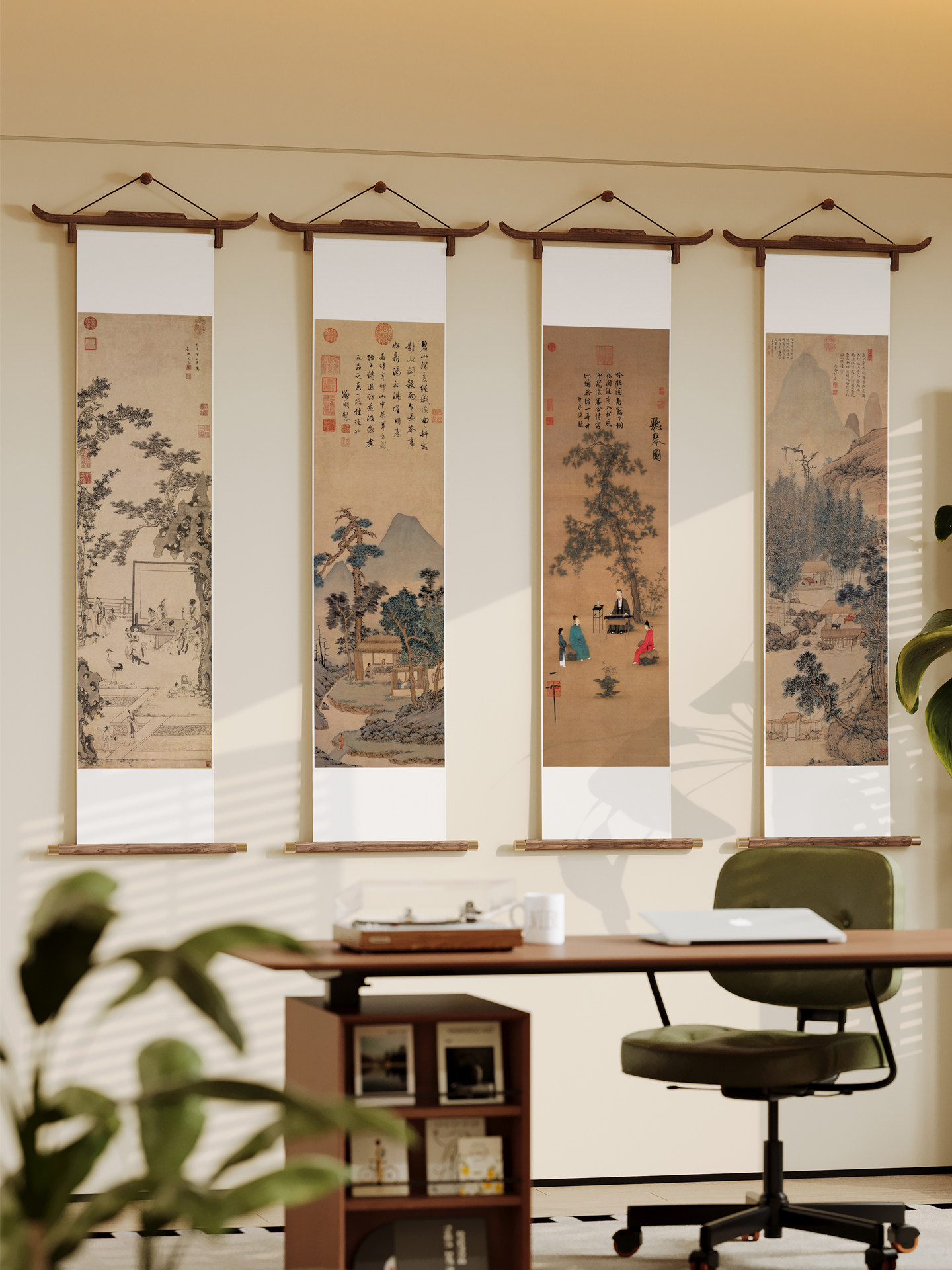 宋式飞檐卷轴 听琴图宋代美学新中式挂画茶室客厅四联条屏装饰画