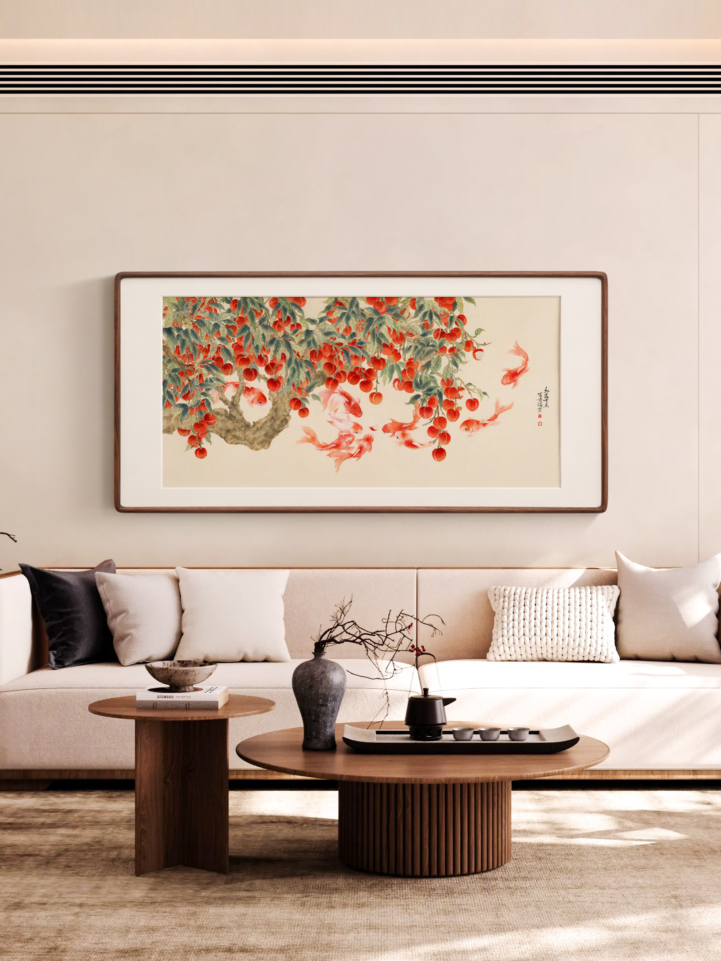 冰青 吉荔九鱼图新中式装饰画客厅背景墙巨幅茶室荔枝锦鲤大挂画