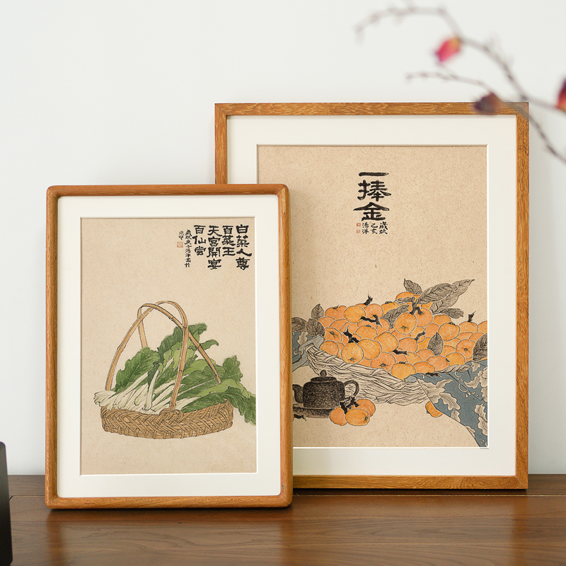 白菜百财装饰画水墨现代餐厅厨房饭厅双联实木卧室民宿样板间挂画图片