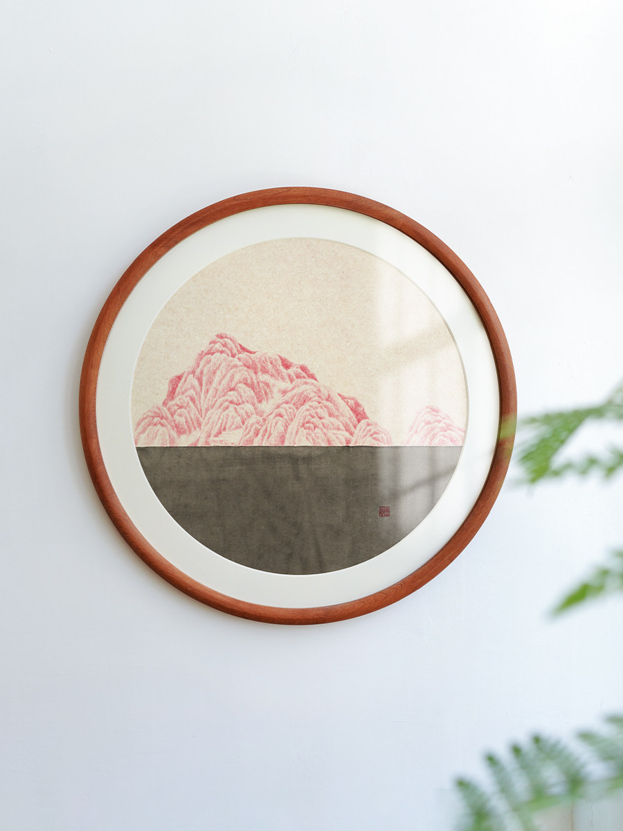 彩峰山水水墨圆装饰画原木风格新中国风餐厅客厅卧室实木装饰画