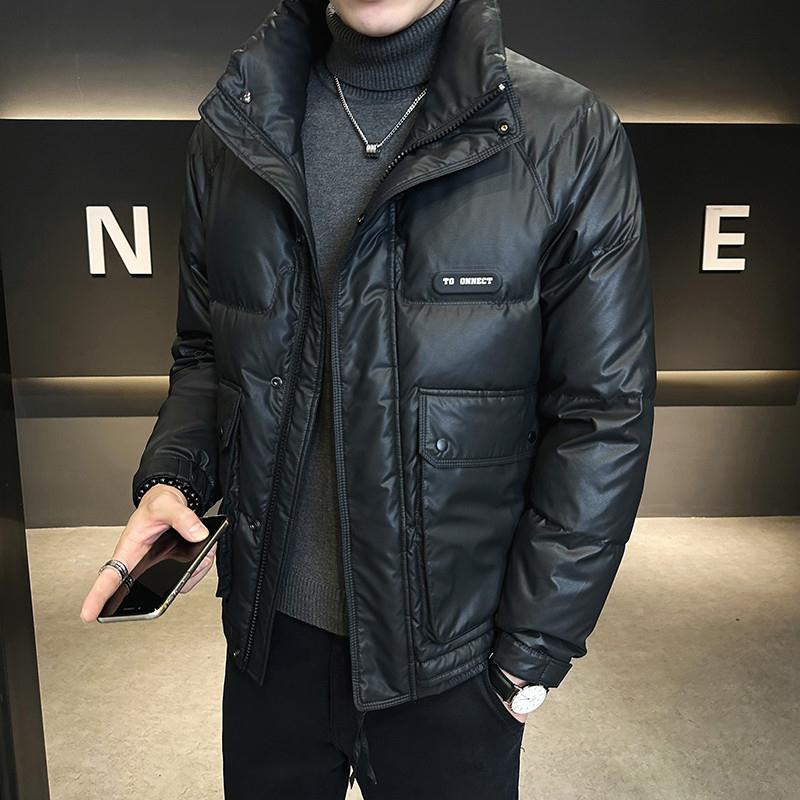 立领皮面羽绒服男士2025冬季青年短款加厚保暖外套休闲潮流衣服男