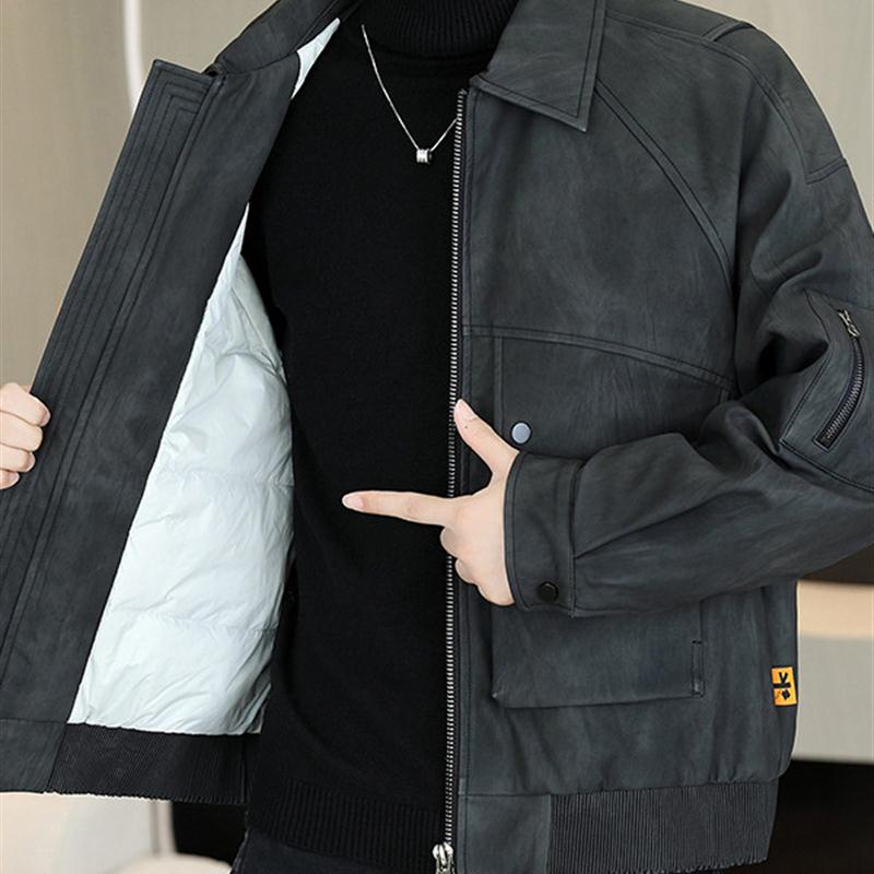 男士翻领羽绒服加厚2025冬季青年短款轻奢简约皮质外套白鸭绒衣服