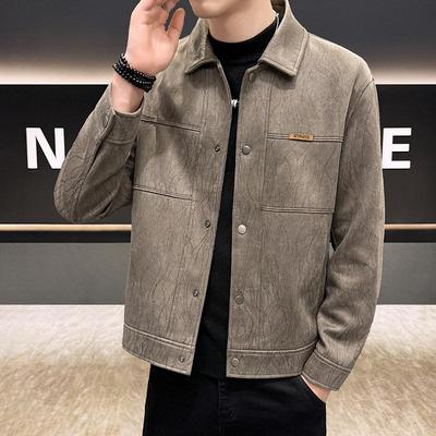 鹿皮绒男士外套秋冬季高端帅气潮流休闲加厚翻领夹克男装短款风衣