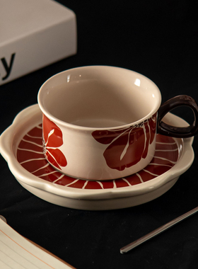 纪恋复古红色咖啡杯碟精致花卉陶瓷下午茶水杯小众送闺蜜生日礼物