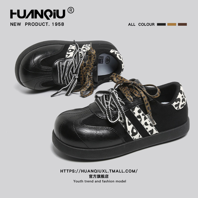 环球复古黑色泡芙德训鞋女2026新款春季小众豹纹女鞋休闲运动板鞋
