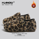 环球豹纹勃肯鞋女款2025冬季新款厚底复古毛毛鞋一脚蹬加绒懒人鞋