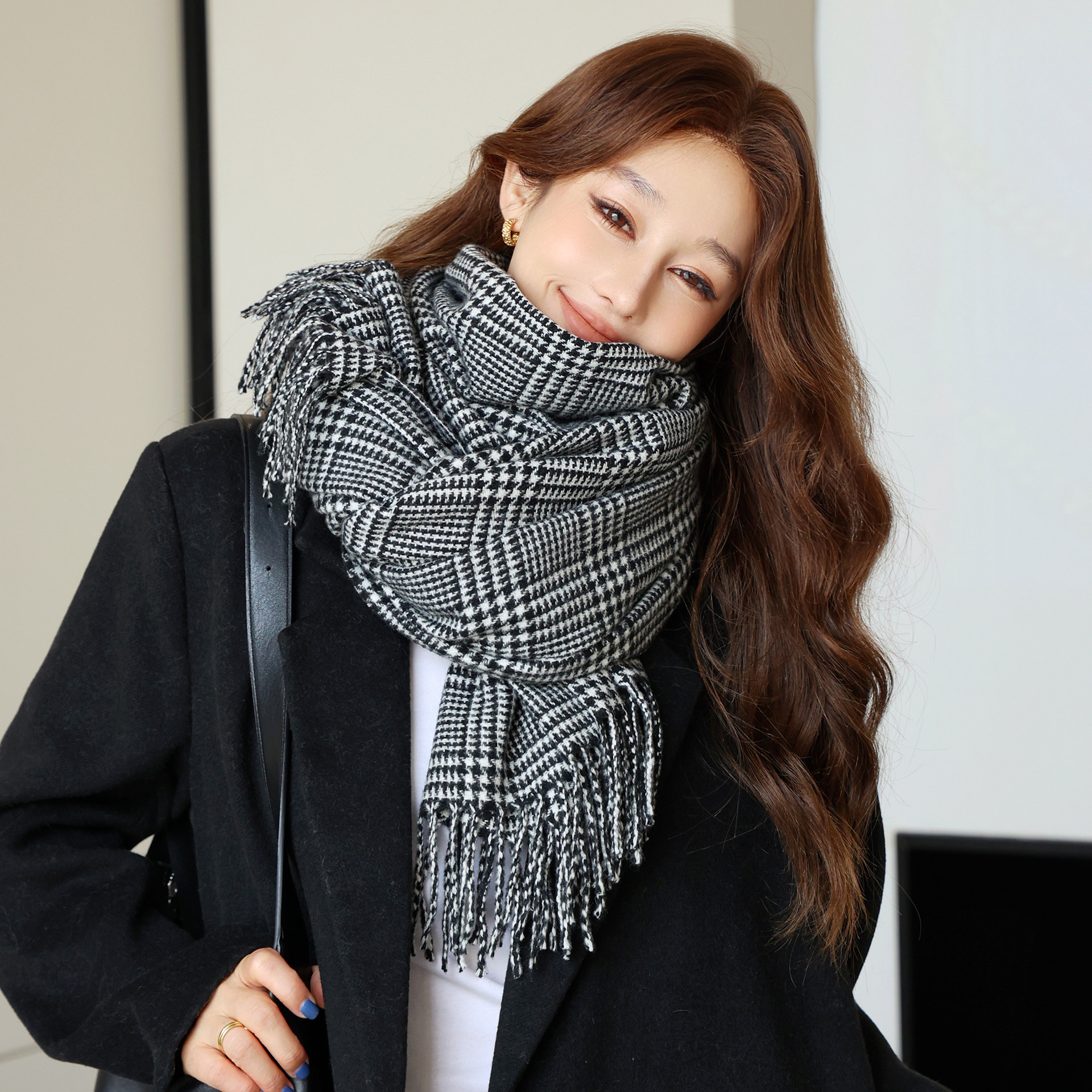 千鸟格子围巾女秋冬长款