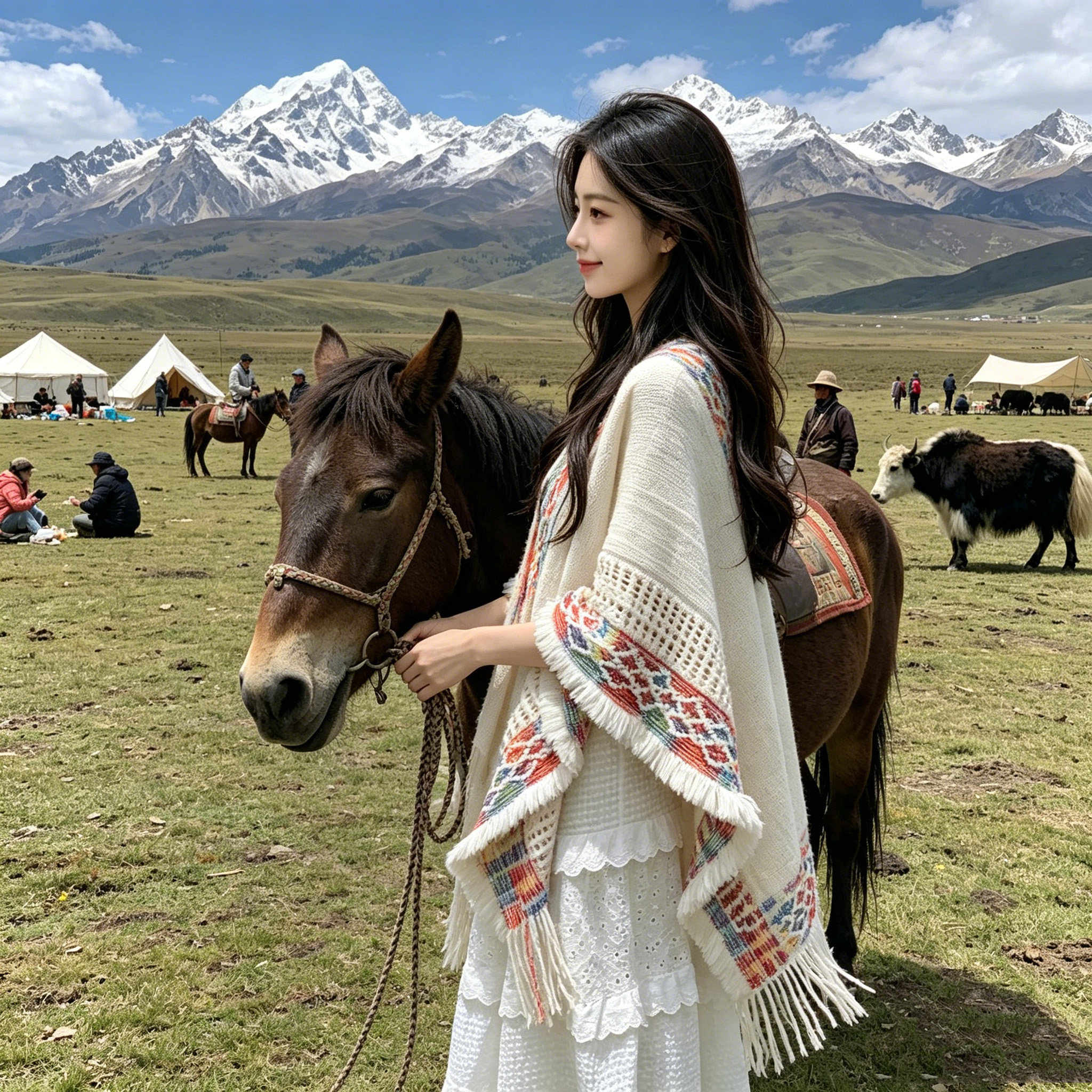 川西北民族风白色斗篷女秋冬针织加厚开叉披风旅游拍照穿搭披肩男