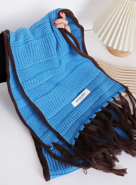 靛蓝色针织围巾女冬季复古文艺吴昕同款高级感冬天情侣软糯围脖男