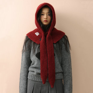 秋冬连帽披肩帽子女纽扣假领子拉法保暖针织帽护颈围巾一体毛线帽