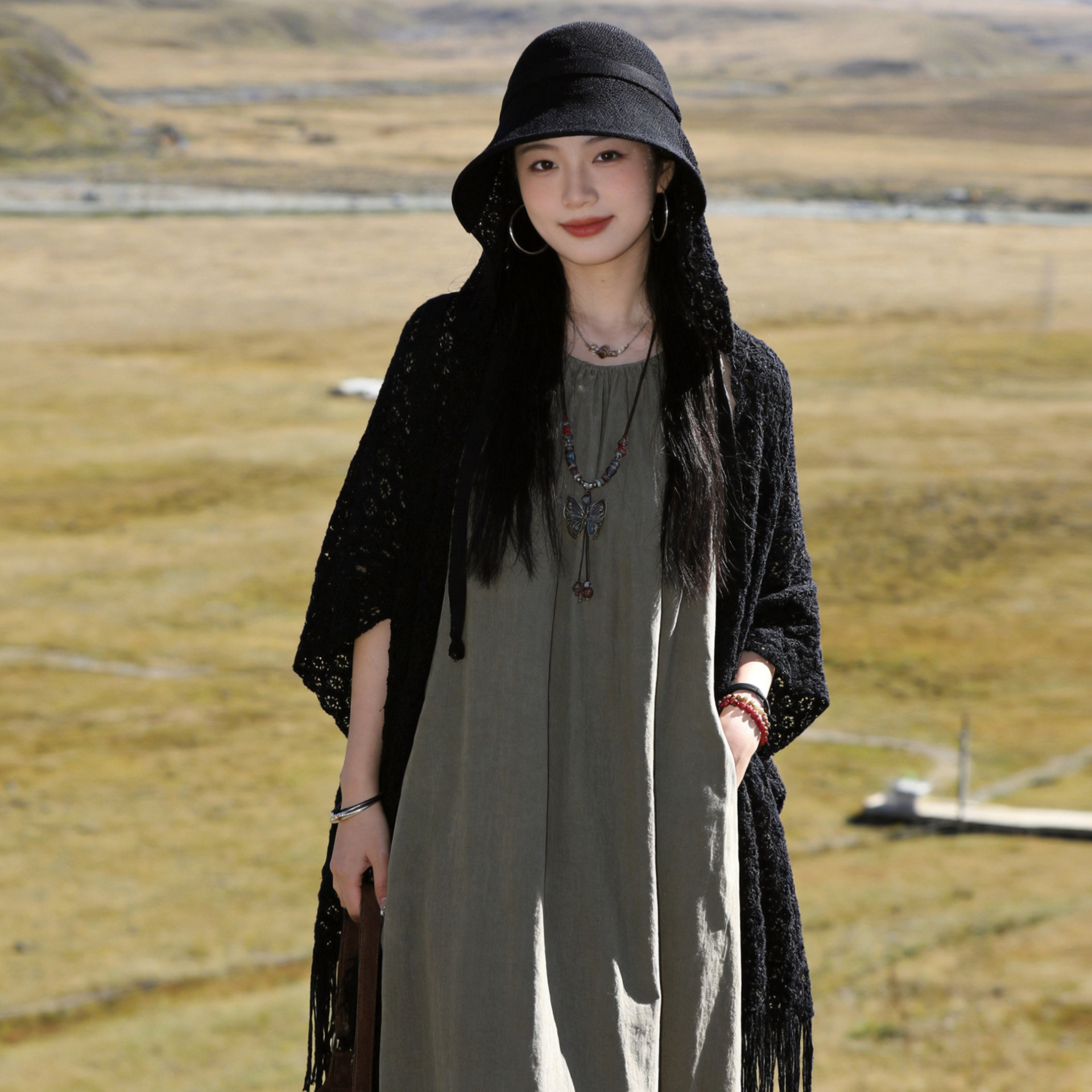 文艺黑色渔夫帽女春秋季宽檐防紫外线遮阳帽亚麻风夏季防晒披肩帽