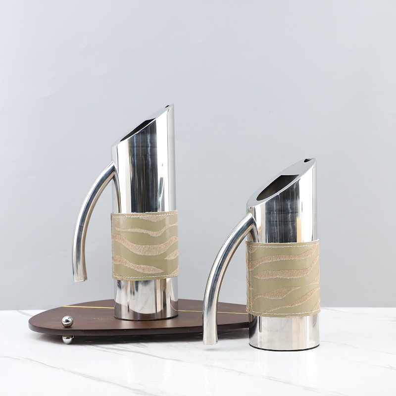 欧式轻奢高端不锈钢马毛皮革冷水壶组合套装装饰摆件软装家居饰品