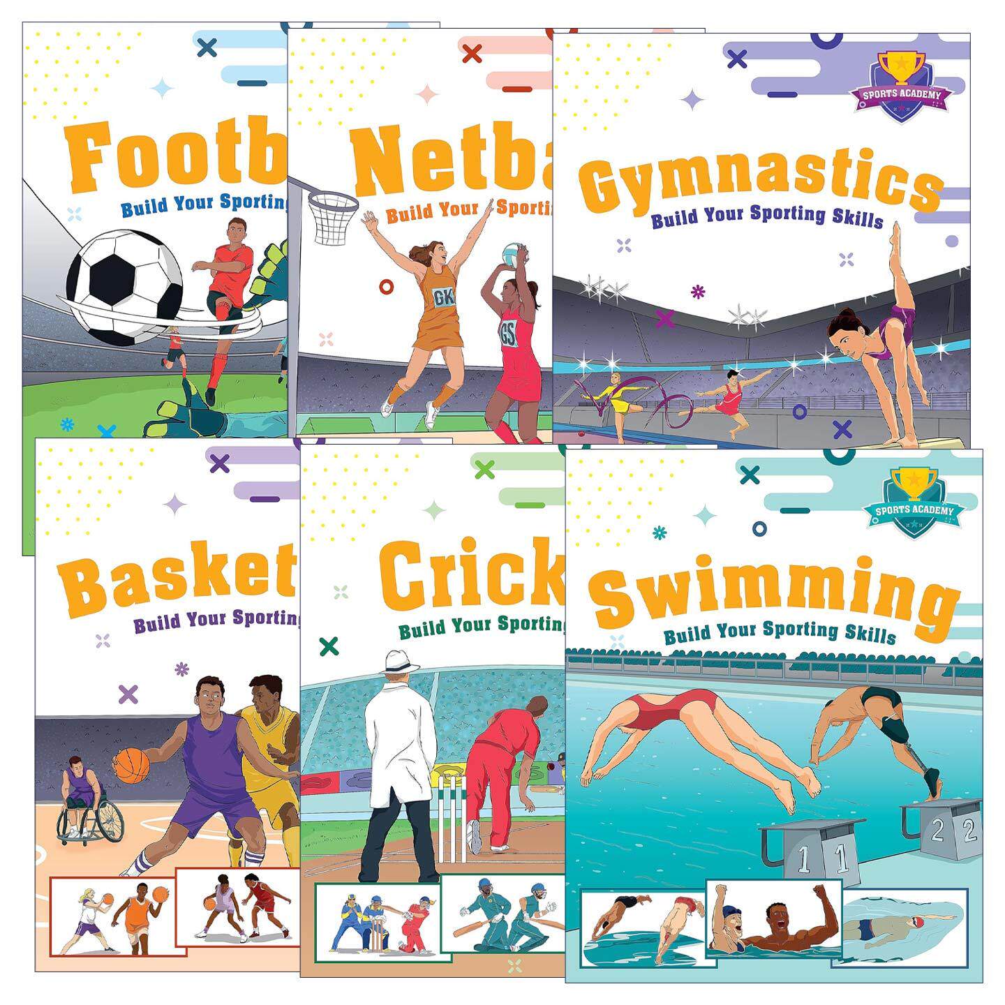 英文原版 Sports Academy 体育学院系列6册 培养运动技能 趣味插画儿童绘本 足球 体操 篮球 游泳 英文版 进口英语原版书籍