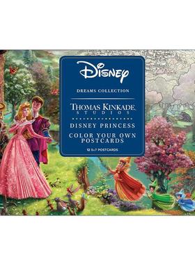 英文原版 Disney Dreams Collection Thomas Kinkade Studios Disney Princess Color Your Own Postcards 迪士尼公主涂色书