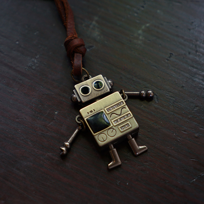 一碗士多 简约手脚可活动机器人复古日系百搭吊坠牛皮项链情侣