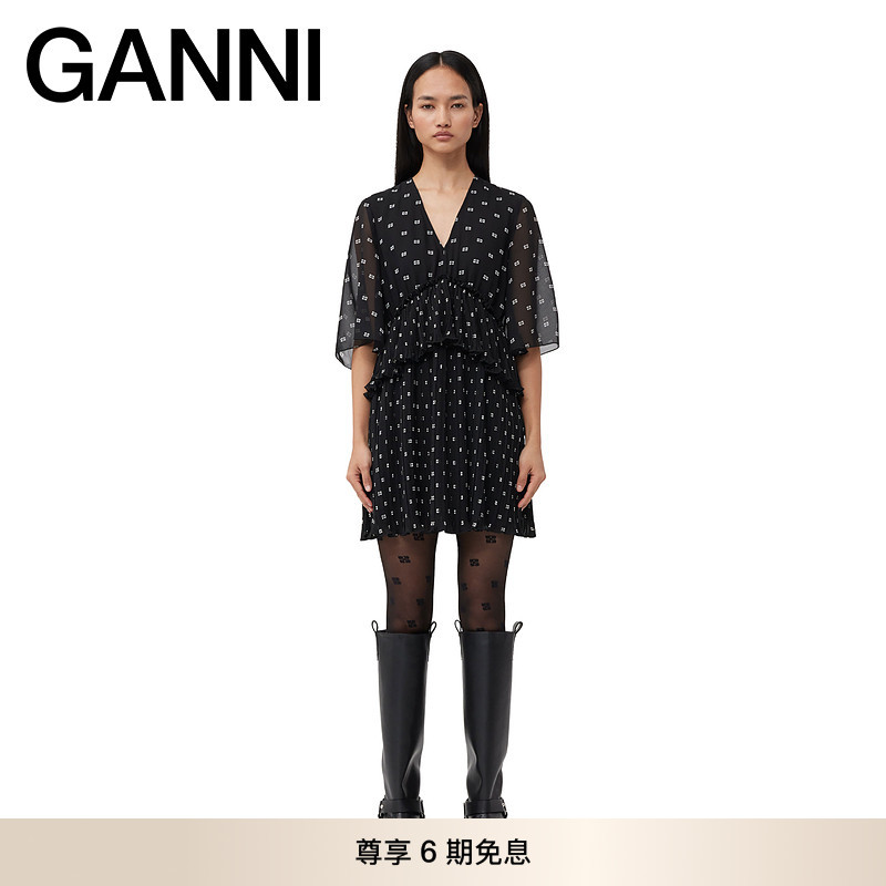 GANNI女装 黑色V领法式荷叶边气质百褶优雅夏短款连衣裙 F9104099图片