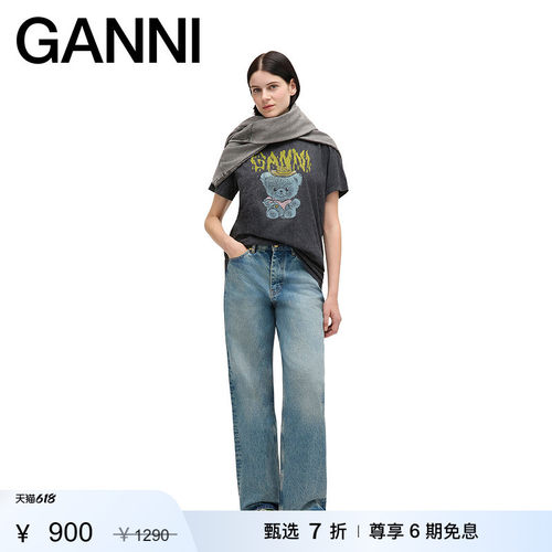 【甄选折扣】GANNI女装 美式泰迪熊纯棉黑色短袖T恤 A1050076055