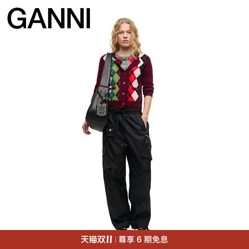 GANNI女装  撞色菱格图案圆领纽扣针织开衫 K2532730