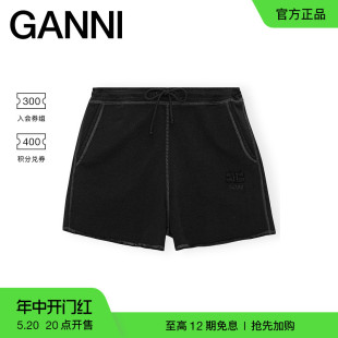 T3565099 卷边短裤 蝴蝶logo黑色抽绳运动休闲裤 GANNI女装