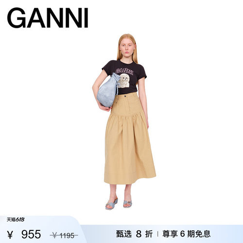 【甄选折扣】GANNI女装 黑色贵宾犬印花纯棉圆领短袖T恤 T4239252